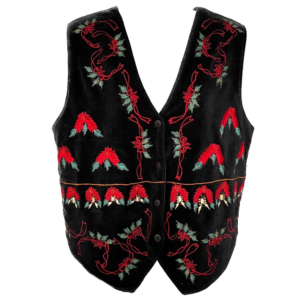 Vintage Ugly Christmas Vest Black Velvet Holly Wreaths Size M Red Green